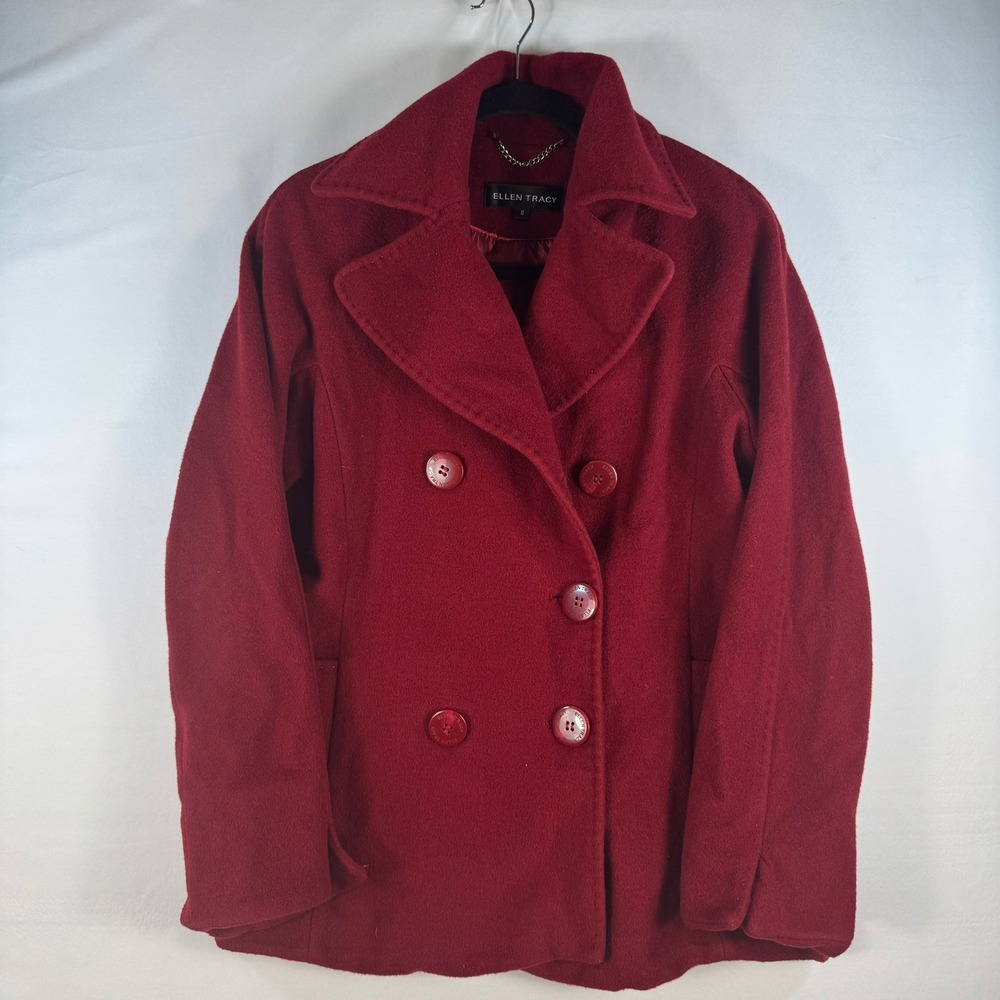 Ellen Tracy Womens Ruby Red Wool Blend Double Breasted Peacoat Jacket Size 8